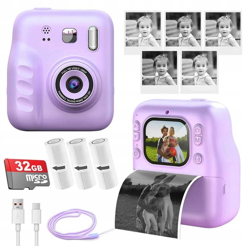 Jucarii, Copii si Bebe - Jucarii si jocuri - Jucarii & jocuri educative - Jocuri si jucarii educative - Aparat foto/video pentru copii cu imprimare instant, Ecran 2.4 inch, Card TF 32 GB, Incarcare USB, 5 Carioci incluse - Infinity.ro