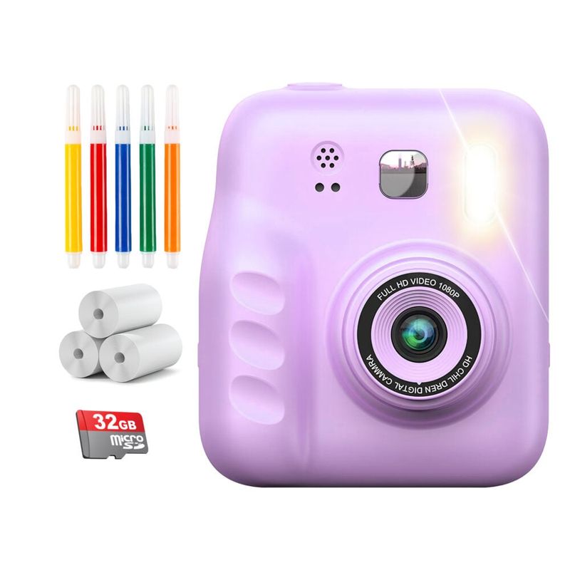 Jucarii, Copii si Bebe - Jucarii si jocuri - Jucarii & jocuri educative - Jocuri si jucarii educative - Aparat foto/video pentru copii cu imprimare instant, Ecran 2.4 inch, Card TF 32 GB, Incarcare USB, 5 Carioci incluse - Infinity.ro