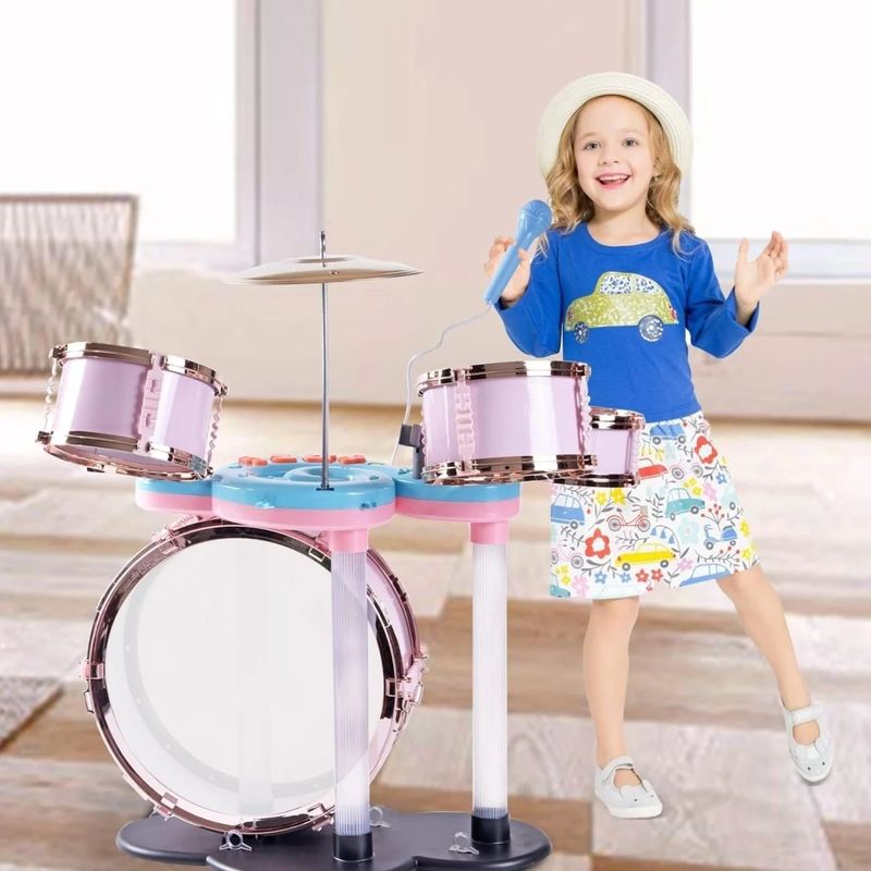 Jucarii, Copii si Bebe - Jucarii si jocuri - Jucarii de rol - Instrumente muzicale de jucarie - Set de tobe de jazz pentru copii 3 ani+, cu scaunel, Verde - Infinity.ro