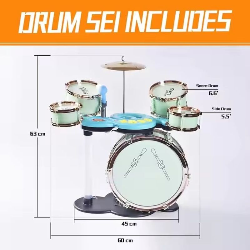 Jucarii, Copii si Bebe - Jucarii si jocuri - Jucarii de rol - Instrumente muzicale de jucarie - Set de tobe de jazz pentru copii 3 ani+, cu scaunel, Verde - Infinity.ro