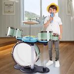 Jucarii, Copii si Bebe - Jucarii si jocuri - Jucarii de rol - Instrumente muzicale de jucarie - Set de tobe de jazz pentru copii 3 ani+, cu scaunel, Verde - Infinity.ro
