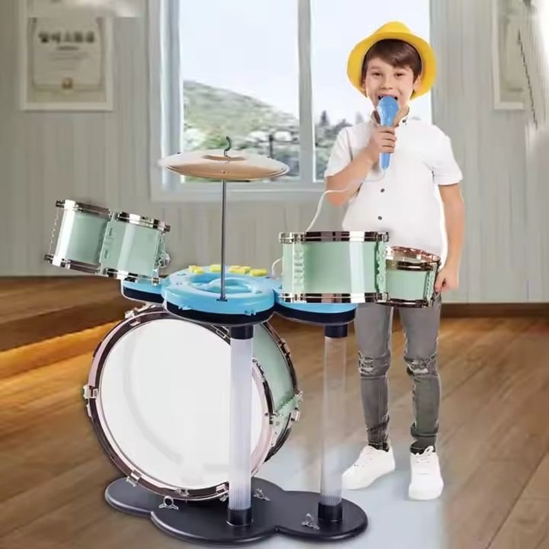 Jucarii, Copii si Bebe - Jucarii si jocuri - Jucarii de rol - Instrumente muzicale de jucarie - Set de tobe de jazz pentru copii 3 ani+, cu scaunel, Verde - Infinity.ro