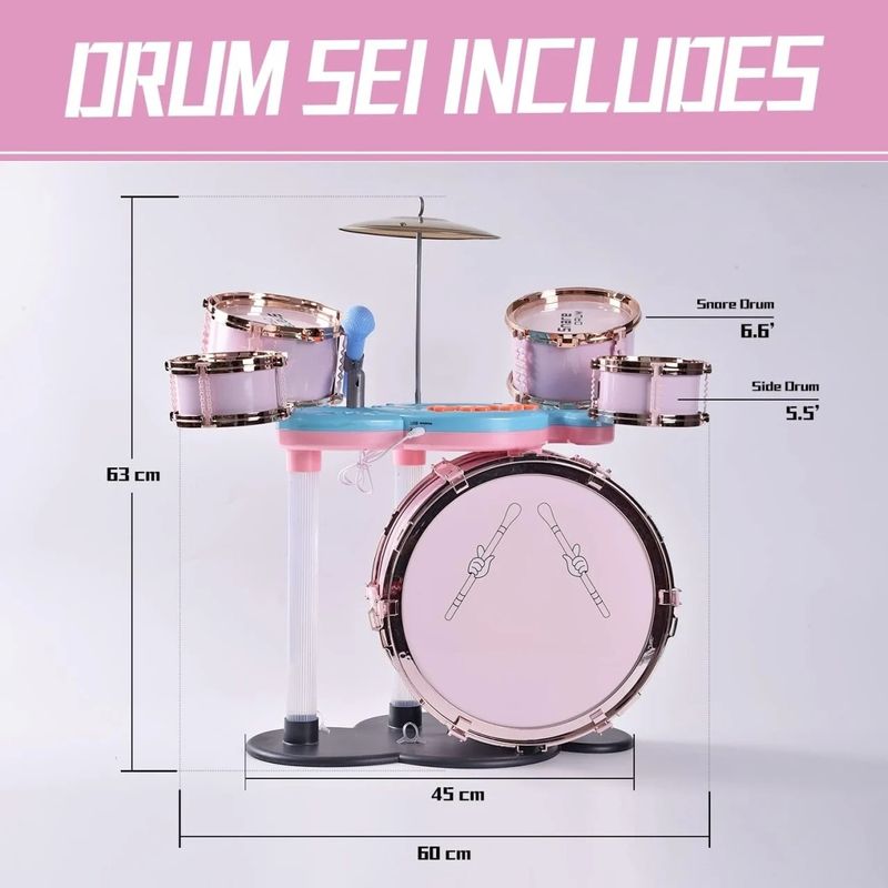 Jucarii, Copii si Bebe - Jucarii si jocuri - Jucarii de rol - Instrumente muzicale de jucarie - Set de tobe de jazz pentru copii 3 ani+, cu scaunel, Roz - Infinity.ro