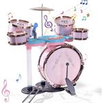 Jucarii, Copii si Bebe - Jucarii si jocuri - Jucarii de rol - Instrumente muzicale de jucarie - Set de tobe de jazz pentru copii 3 ani+, cu scaunel, Roz - Infinity.ro