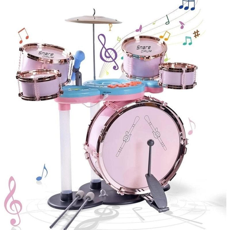 Jucarii, Copii si Bebe - Jucarii si jocuri - Jucarii de rol - Instrumente muzicale de jucarie - Set de tobe de jazz pentru copii 3 ani+, cu scaunel, Roz - Infinity.ro