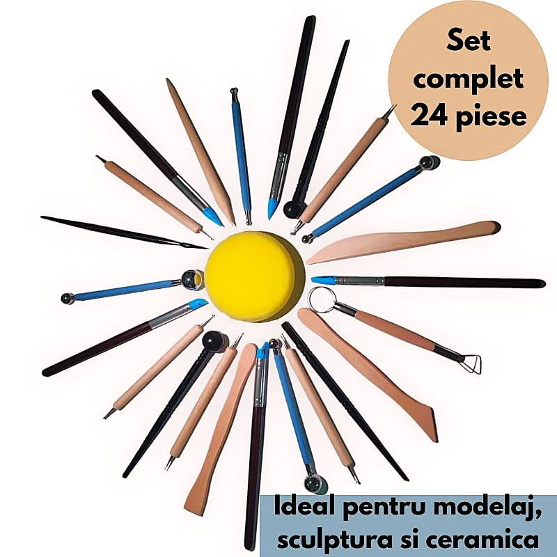 Jucarii, Copii si Bebe - Jucarii si jocuri - Jucarii & jocuri educative - Pasta, lut si nisip modelabil - Set 24 unelte modelare ceramica si lut, set scule sculptura lut, kit complet pentru hobby handmade - Infinity.ro