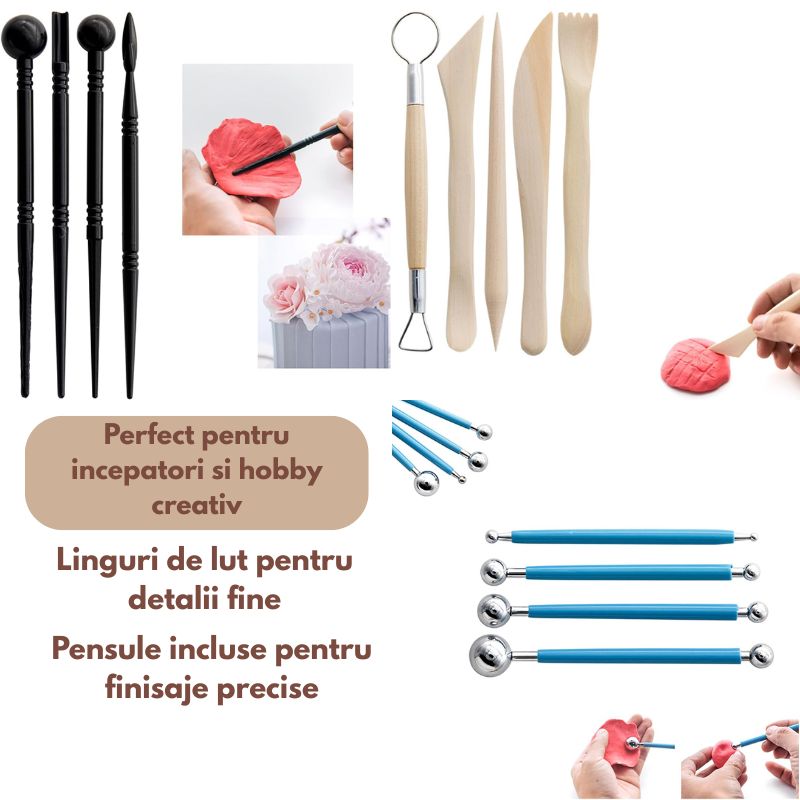 Jucarii, Copii si Bebe - Jucarii si jocuri - Jucarii & jocuri educative - Pasta, lut si nisip modelabil - Set 24 unelte modelare ceramica si lut, set scule sculptura lut, kit complet pentru hobby handmade - Infinity.ro