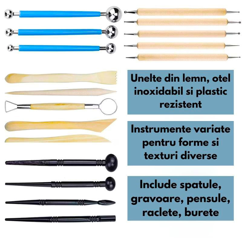 Jucarii, Copii si Bebe - Jucarii si jocuri - Jucarii & jocuri educative - Pasta, lut si nisip modelabil - Set 24 unelte modelare ceramica si lut, set scule sculptura lut, kit complet pentru hobby handmade - Infinity.ro