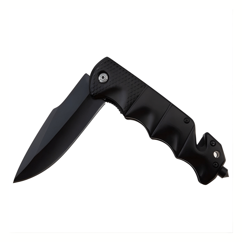 Sport si Outdoor - Camping - Cutite, bricege si accesorii - Cutite si bricege - Cutit pliabil outdoor 23 cm negru, lama inox cu blocare, taietor centura, spargator geam, camping - Infinity.ro