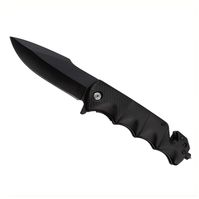 Sport si Outdoor - Camping - Cutite, bricege si accesorii - Cutite si bricege - Cutit pliabil outdoor 23 cm negru, lama inox cu blocare, taietor centura, spargator geam, camping - Infinity.ro