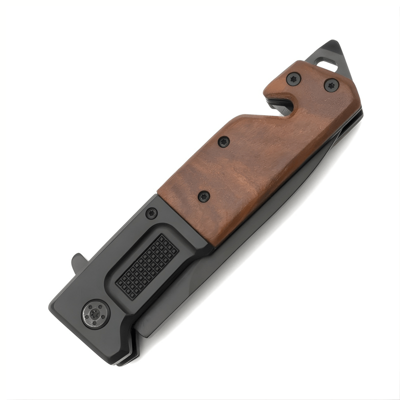 Sport si Outdoor - Camping - Cutite, bricege si accesorii - Cutite si bricege - Cutit Pliabil Outdoor 23 cm Maro, Lama Inox cu Blocare, Taietor Centura si Spargator Geam, Cutit Multifunctional Camping - Infinity.ro