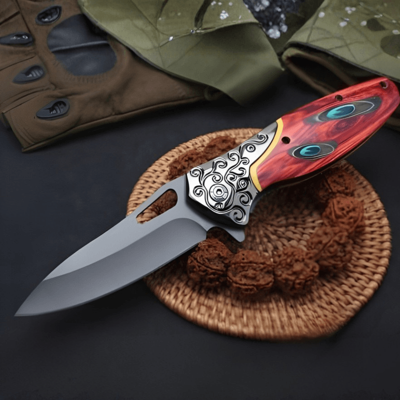 Sport si Outdoor - Camping - Cutite, bricege si accesorii - Cutite si bricege - Cutit pliabil outdoor 20 cm, lama inox cu blocare, maner metal si lemn, clip curea, camping drumetii - Infinity.ro