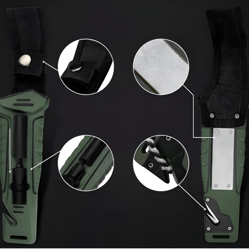 Sport si Outdoor - Camping - Cutite, bricege si accesorii - Cutite si bricege - Cutit outdoor 25 cm cu husa, lama fixa inox, aprinzator foc, spargator geam si taietor franghie - Infinity.ro
