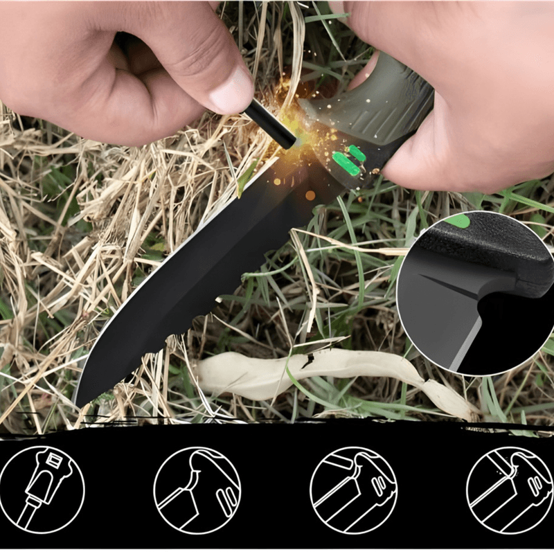 Sport si Outdoor - Camping - Cutite, bricege si accesorii - Cutite si bricege - Cutit outdoor 25 cm cu husa, lama fixa inox, aprinzator foc, spargator geam si taietor franghie - Infinity.ro