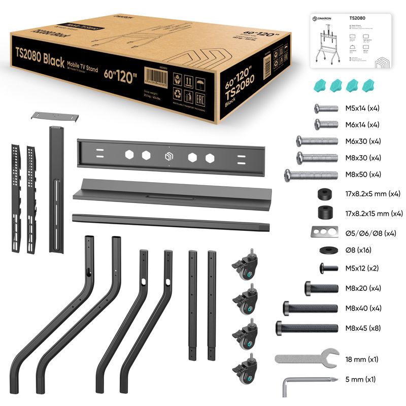 TV, Audio-Video si Foto - Accesorii TV si audio - Suporturi TV - Suport TV ONKRON TS2080-B Mobile 60-120inch 150kg Negru - Infinity.ro