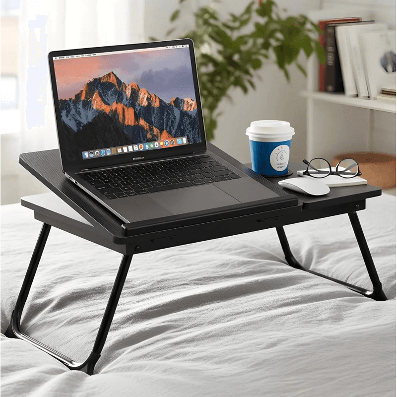 Laptop, Telefoane si Tablete - Laptopuri si accesorii - Accesorii Laptop - Standuri/Coolere notebook - Masa Laptop Pliabila cu Suport Pahar, Antiderapanta, Reglabila 5 Unghiuri, Birou Laptop Portabil, 56x32x25 - Infinity.ro
