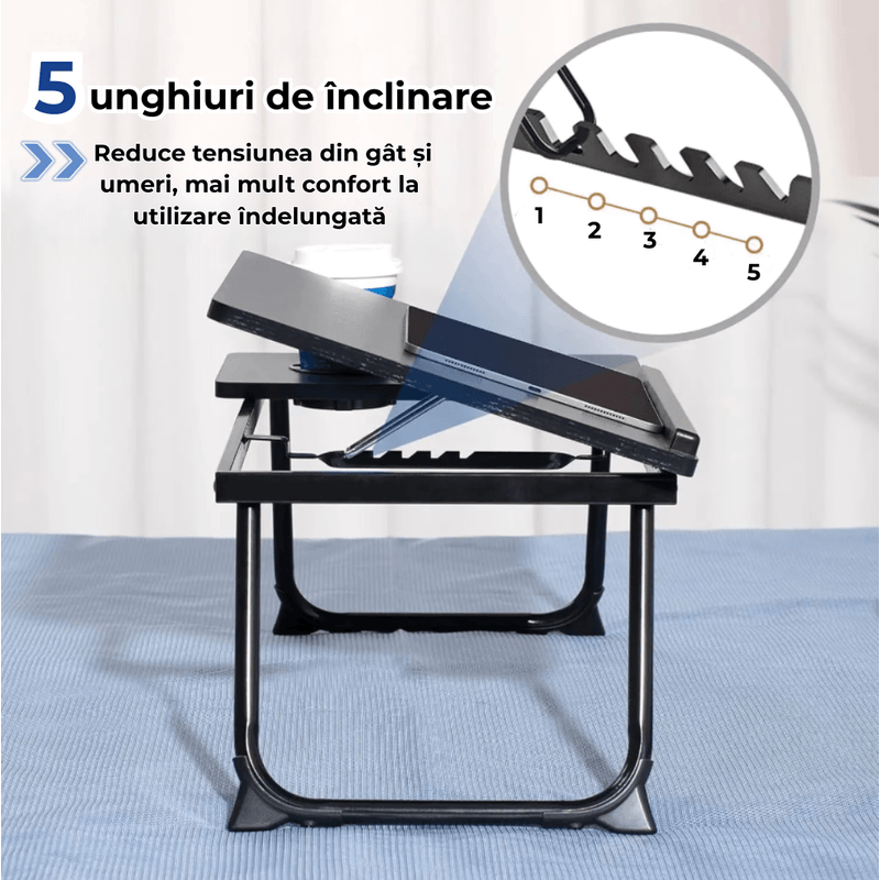 Laptop, Telefoane si Tablete - Laptopuri si accesorii - Accesorii Laptop - Standuri/Coolere notebook - Masa Laptop Pliabila cu Suport Pahar, Antiderapanta, Reglabila 5 Unghiuri, Birou Laptop Portabil, 56x32x25 - Infinity.ro