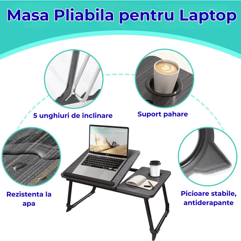 Laptop, Telefoane si Tablete - Laptopuri si accesorii - Accesorii Laptop - Standuri/Coolere notebook - Masa Laptop Pliabila cu Suport Pahar, Antiderapanta, Reglabila 5 Unghiuri, Birou Laptop Portabil, 56x32x25 - Infinity.ro