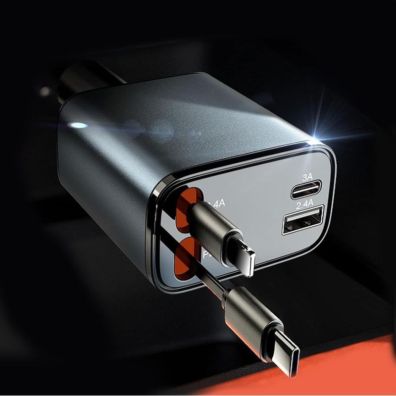 Laptop, Telefoane si Tablete - Telefoane mobile si accesorii - Accesorii Telefoane - Incarcatoare telefoane - Incarcator auto 66W Super Fast Charge 4 in 1, Cablu Retractabil Type-C + Lightning, Mufa USB+TypeC - Infinity.ro