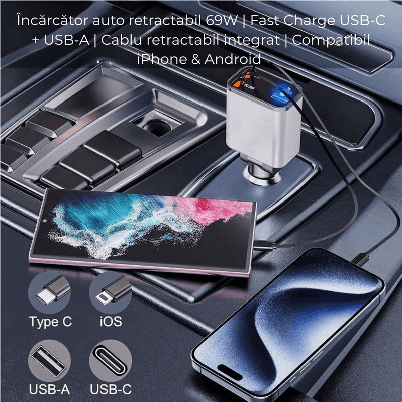 Laptop, Telefoane si Tablete - Telefoane mobile si accesorii - Accesorii Telefoane - Incarcatoare telefoane - Incarcator auto 66W Super Fast Charge 4 in 1, Cablu Retractabil Type-C + Lightning, Mufa USB+TypeC - Infinity.ro