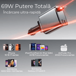 Laptop, Telefoane si Tablete - Telefoane mobile si accesorii - Accesorii Telefoane - Incarcatoare telefoane - Incarcator auto 66W Super Fast Charge 4 in 1, Cablu Retractabil Type-C + Lightning, Mufa USB+TypeC - Infinity.ro