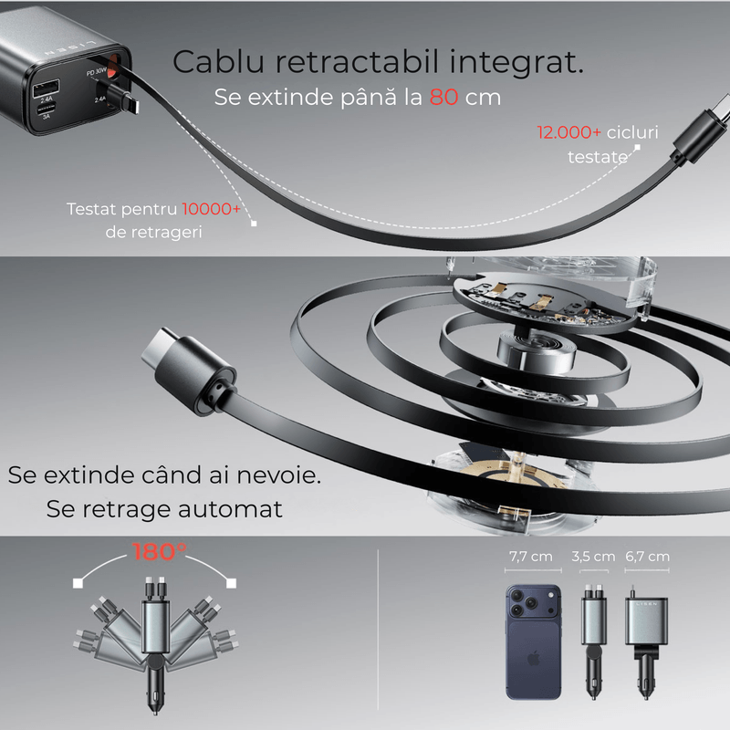 Laptop, Telefoane si Tablete - Telefoane mobile si accesorii - Accesorii Telefoane - Incarcatoare telefoane - Incarcator auto 66W Super Fast Charge 4 in 1, Cablu Retractabil Type-C + Lightning, Mufa USB+TypeC - Infinity.ro