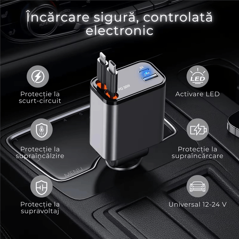 Laptop, Telefoane si Tablete - Telefoane mobile si accesorii - Accesorii Telefoane - Incarcatoare telefoane - Incarcator auto 66W Super Fast Charge 4 in 1, Cablu Retractabil Type-C + Lightning, Mufa USB+TypeC - Infinity.ro