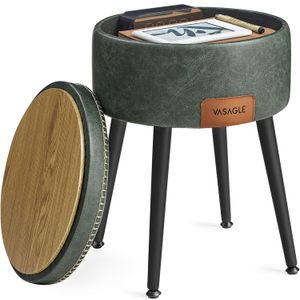 Taburet cu spatiu de depozitare, tapitat PU, cu 2 fete, diametru 32 cm, verde