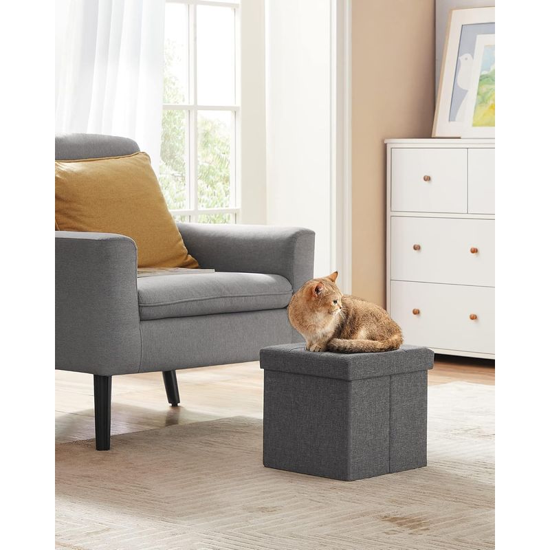 Casa si Gradina - Mobilier - Scaune si fotolii - Tabureti - Taburet pliabil 30x30x30 cm, cu spatiu de depozitare, capac tapitat, MDF si imitatie in, gri - Infinity.ro