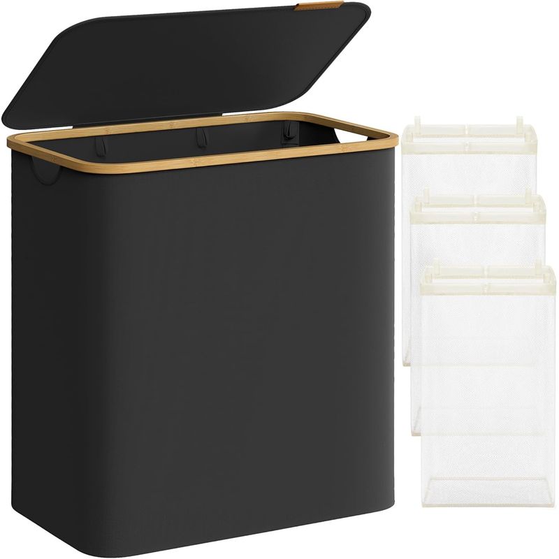 Market - Spalare si intretinere rufe - Uscatoare de rufe si accesorii - Cos de rufe textil, pliabil, cu 3 compartimente detasabile, 150L, 60x39x71 cm, negru - Infinity.ro