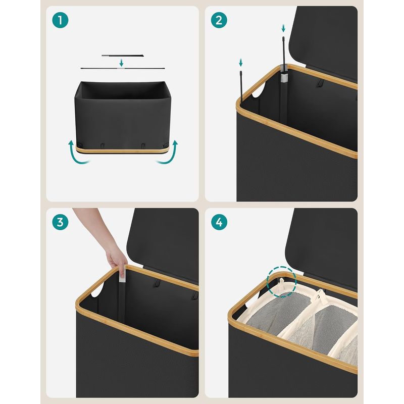 Market - Spalare si intretinere rufe - Uscatoare de rufe si accesorii - Cos de rufe textil, pliabil, cu 3 compartimente detasabile, 150L, 60x39x71 cm, negru - Infinity.ro