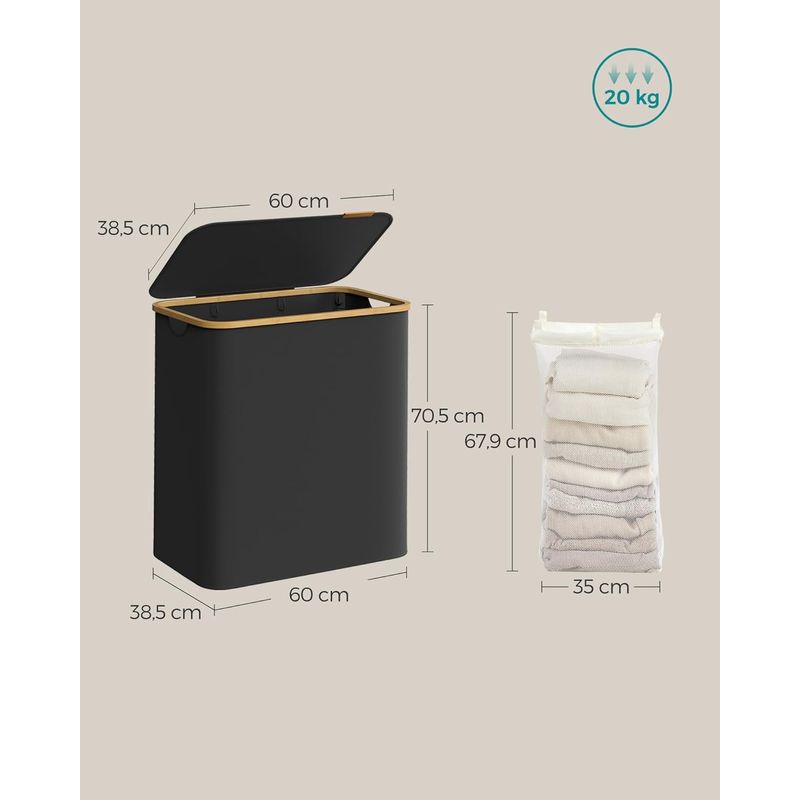 Market - Spalare si intretinere rufe - Uscatoare de rufe si accesorii - Cos de rufe textil, pliabil, cu 3 compartimente detasabile, 150L, 60x39x71 cm, negru - Infinity.ro
