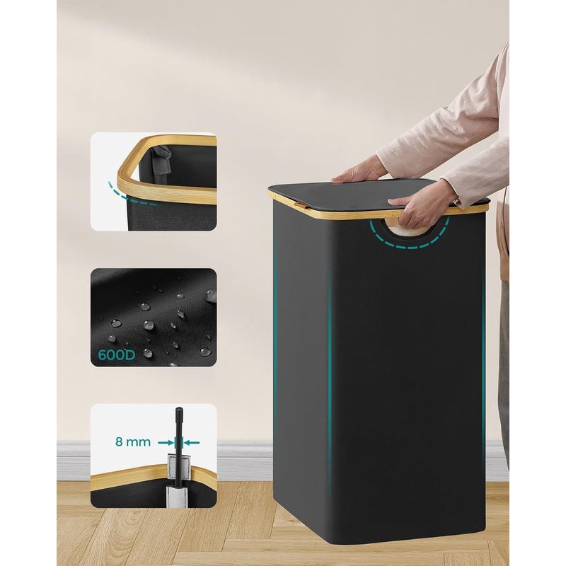 Market - Spalare si intretinere rufe - Uscatoare de rufe si accesorii - Cos de rufe textil, pliabil, cu 3 compartimente detasabile, 150L, 60x39x71 cm, negru - Infinity.ro