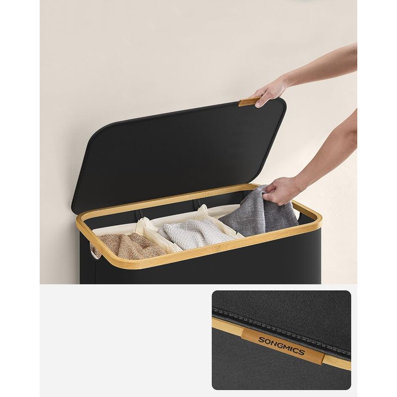 Market - Spalare si intretinere rufe - Uscatoare de rufe si accesorii - Cos de rufe textil, pliabil, cu 3 compartimente detasabile, 150L, 60x39x71 cm, negru - Infinity.ro