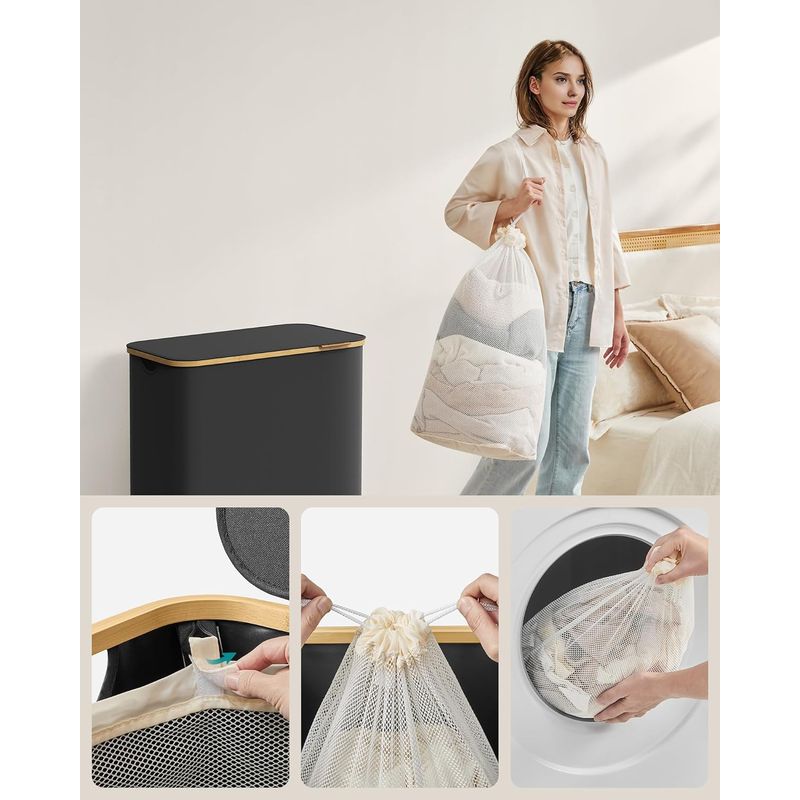 Market - Spalare si intretinere rufe - Uscatoare de rufe si accesorii - Cos de rufe textil, pliabil, cu 3 compartimente detasabile, 150L, 60x39x71 cm, negru - Infinity.ro