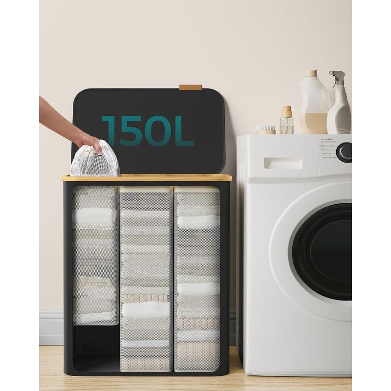 Market - Spalare si intretinere rufe - Uscatoare de rufe si accesorii - Cos de rufe textil, pliabil, cu 3 compartimente detasabile, 150L, 60x39x71 cm, negru - Infinity.ro