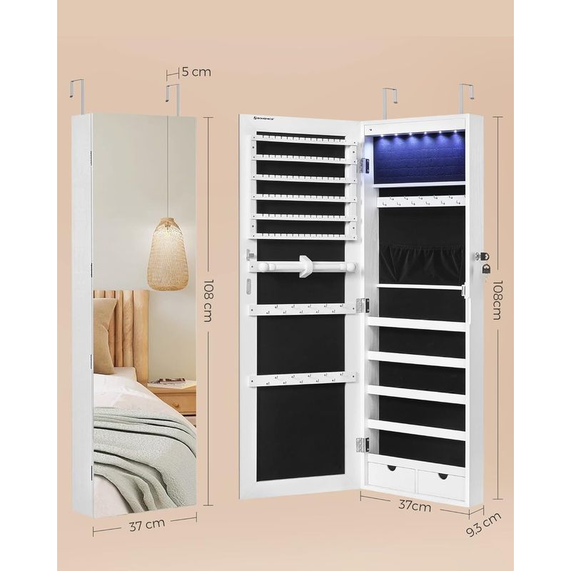 Casa si Gradina - Mobilier - Mobilier baie - Comode baie - Dulap de bijuterii cu oglinda, montare pe perete, lumini LED, 37x10x120cm, alb - Infinity.ro