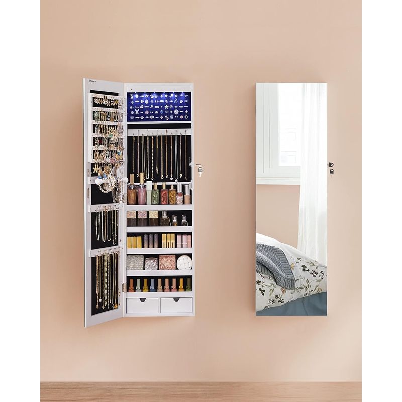 Casa si Gradina - Mobilier - Mobilier baie - Comode baie - Dulap de bijuterii cu oglinda, montare pe perete, lumini LED, 37x10x120cm, alb - Infinity.ro