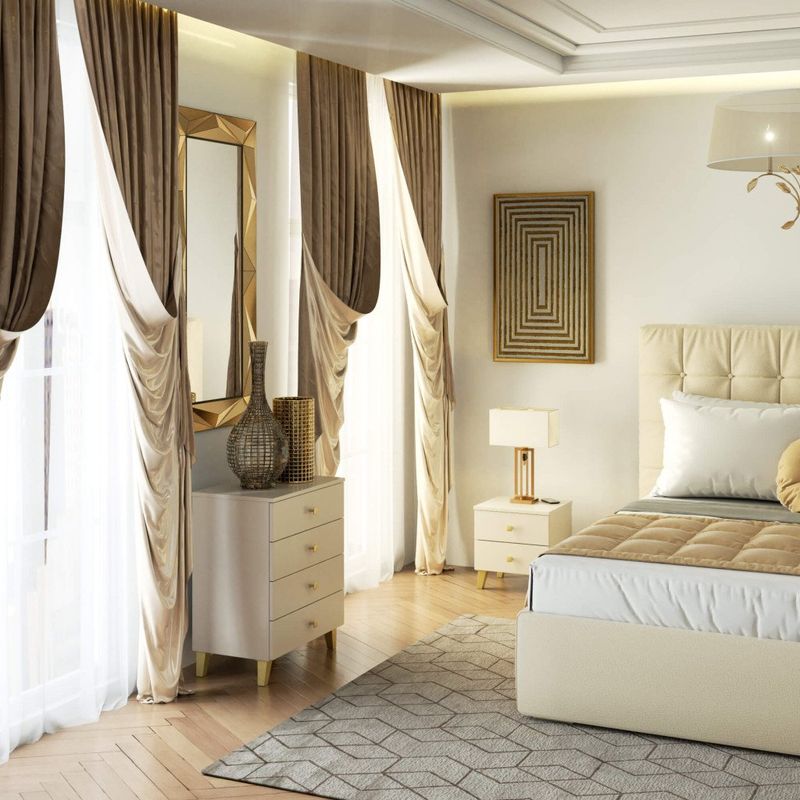 Casa si Gradina - Mobilier - Comode si corpuri - Comode - Comoda K-02 cu 2 sertare, PAL laminat 16 mm, 40x37x43 cm, bej si auriu - Infinity.ro