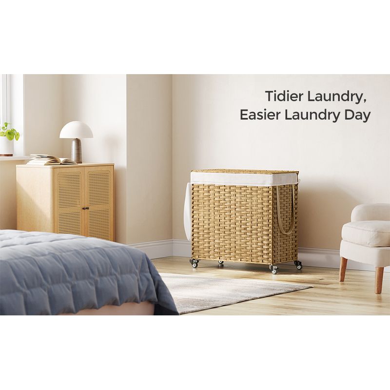 Market - Spalare si intretinere rufe - Uscatoare de rufe si accesorii - Cos de rufe tesut manual, cu captuseala detasabila lavabila, 3 compartimente, stil ratan, 140 litri, 66x33x60 cm, maro - Infinity.ro