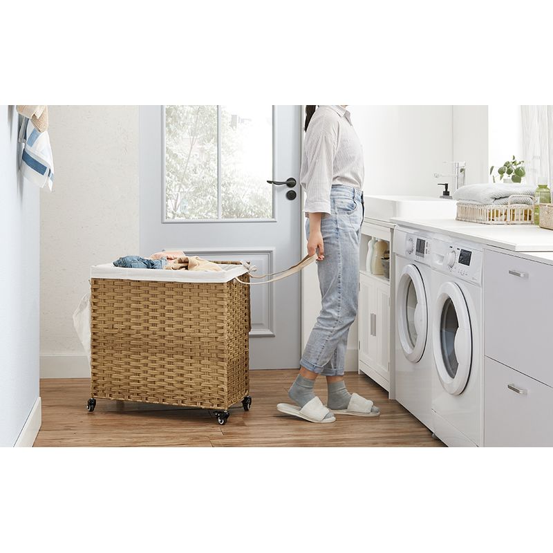 Market - Spalare si intretinere rufe - Uscatoare de rufe si accesorii - Cos de rufe tesut manual, cu captuseala detasabila lavabila, 3 compartimente, stil ratan, 140 litri, 66x33x60 cm, maro - Infinity.ro