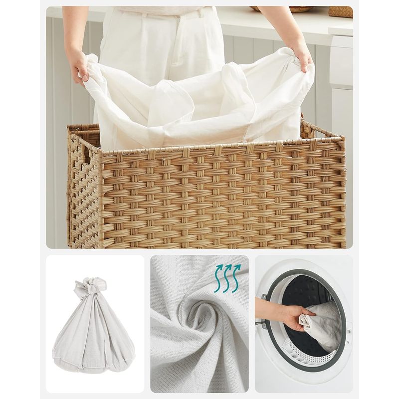 Market - Spalare si intretinere rufe - Uscatoare de rufe si accesorii - Cos de rufe tesut manual, cu captuseala detasabila lavabila, 3 compartimente, stil ratan, 140 litri, 66x33x60 cm, maro - Infinity.ro