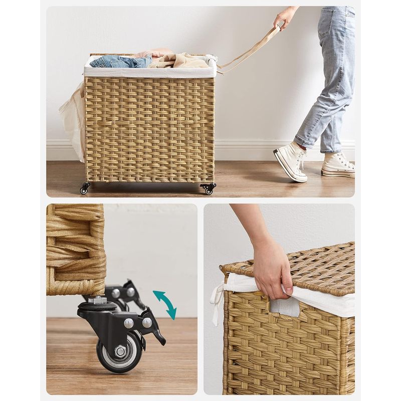 Market - Spalare si intretinere rufe - Uscatoare de rufe si accesorii - Cos de rufe tesut manual, cu captuseala detasabila lavabila, 3 compartimente, stil ratan, 140 litri, 66x33x60 cm, maro - Infinity.ro