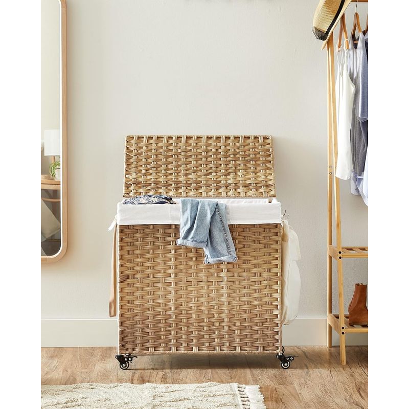 Market - Spalare si intretinere rufe - Uscatoare de rufe si accesorii - Cos de rufe tesut manual, cu captuseala detasabila lavabila, 3 compartimente, stil ratan, 140 litri, 66x33x60 cm, maro - Infinity.ro