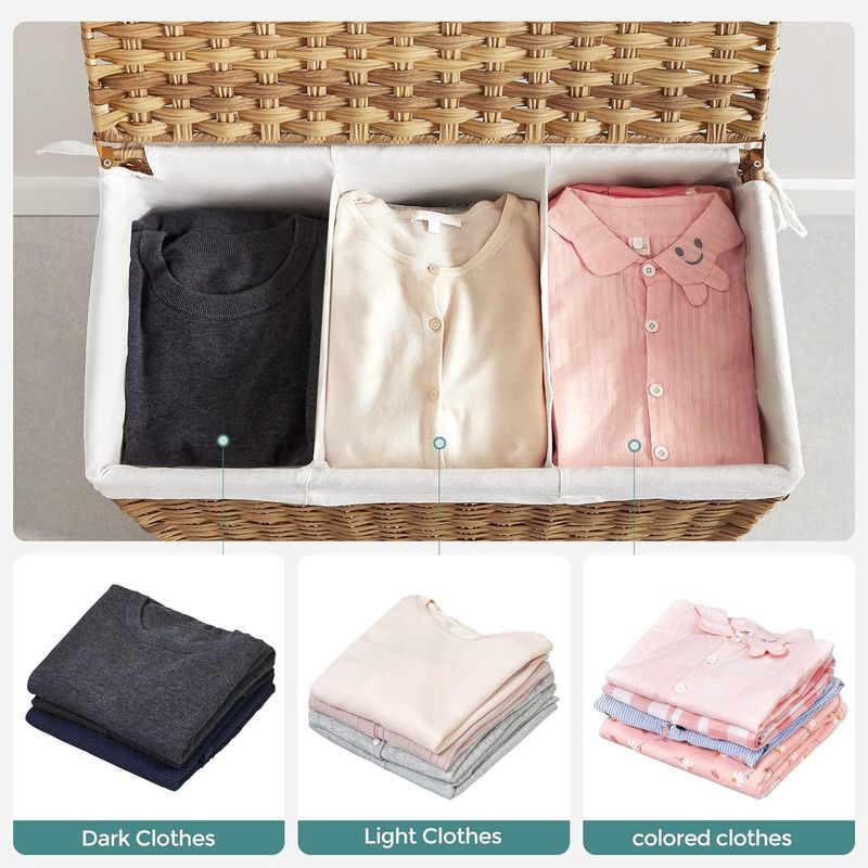 Market - Spalare si intretinere rufe - Uscatoare de rufe si accesorii - Cos de rufe tesut manual, cu captuseala detasabila lavabila, 3 compartimente, stil ratan, 140 litri, 66x33x60 cm, maro - Infinity.ro