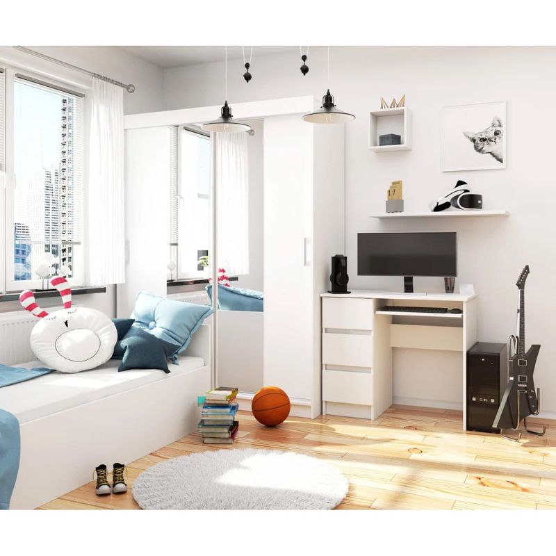 Casa si Gradina - Mobilier - Mese si birouri - Birouri - Birou computer cu 3 sertare si raft pentru tastatura, stanga, 90x50x77 cm, alb - Infinity.ro