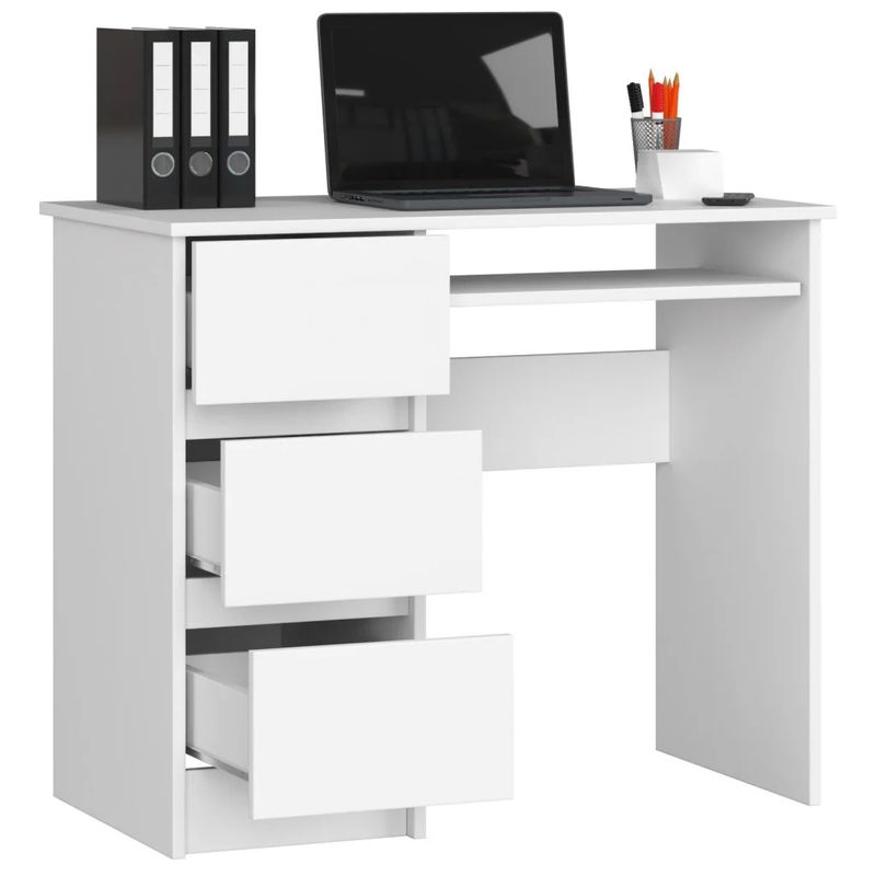 Casa si Gradina - Mobilier - Mese si birouri - Birouri - Birou computer cu 3 sertare si raft pentru tastatura, stanga, 90x50x77 cm, alb - Infinity.ro
