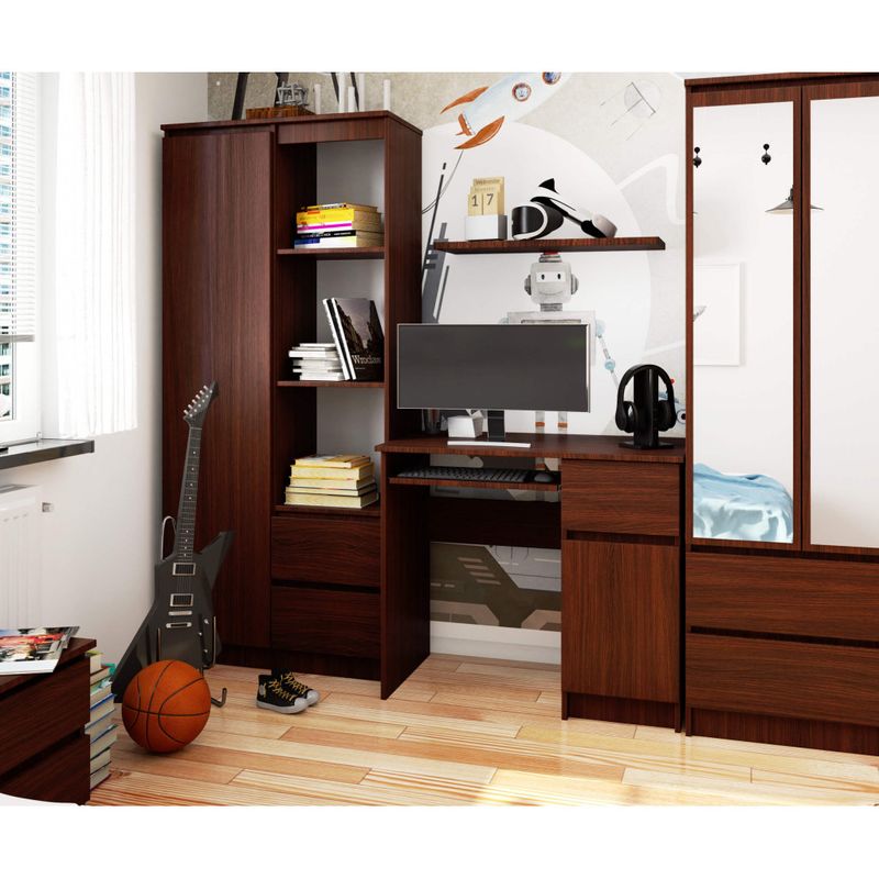 Casa si Gradina - Mobilier - Mese si birouri - Birouri - Birou computer PIKSEL, cu sertar, dulap si raft pentru tastatura, dreapta, 90x50x77 cm, maro wenge - Infinity.ro