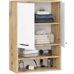 Casa si Gradina - Mobilier - Mobilier baie - Corpuri baie - Dulap baie suspendat, cu 2 usi si 2 rafturi deschise, PAL 16 mm, 64x30x94 cm, stejar artisan si alb - Infinity.ro