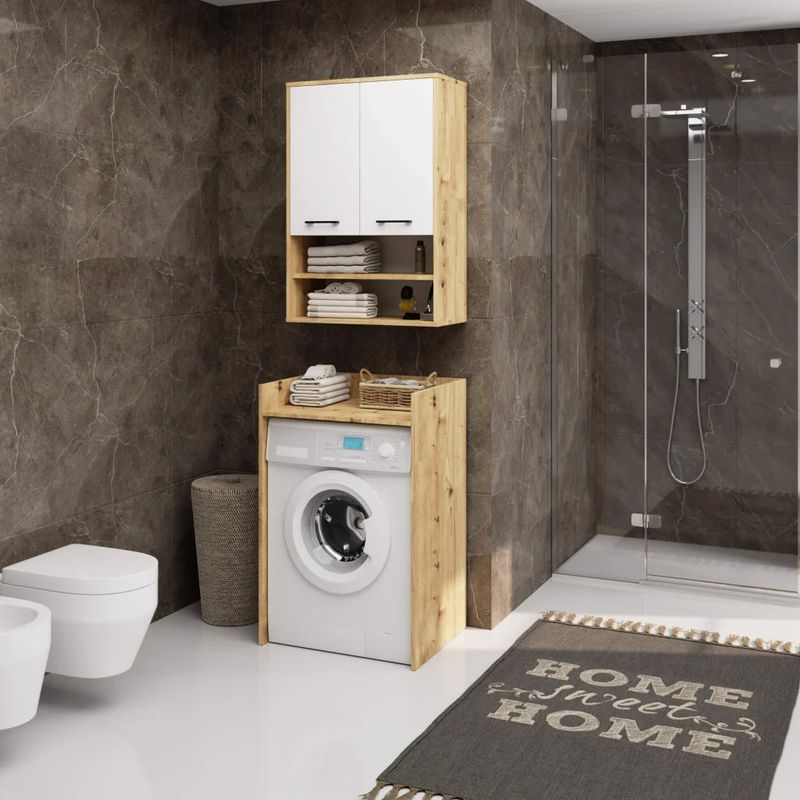 Casa si Gradina - Mobilier - Mobilier baie - Corpuri baie - Dulap baie suspendat, cu 2 usi si 2 rafturi deschise, PAL 16 mm, 64x30x94 cm, stejar artisan si alb - Infinity.ro